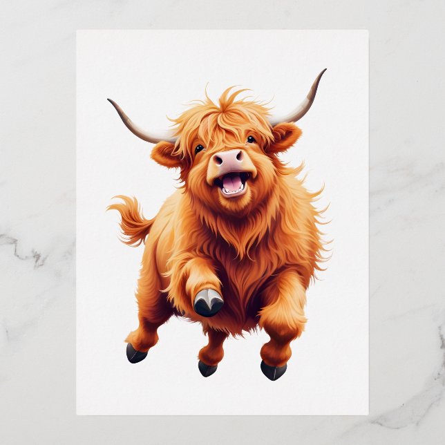 Highland Cow Happy Playful Fun Jumping In The Air  Foil Holiday Postcard (Front)
