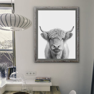 Highland Cow Head Portrait  Black white    Poster