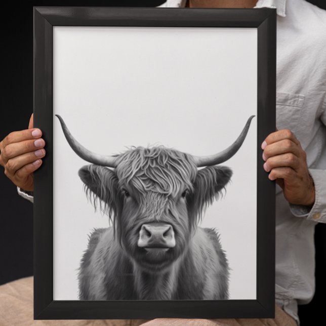 Highland Cow Head Portrait  Black white     Poster (Creator Uploaded)