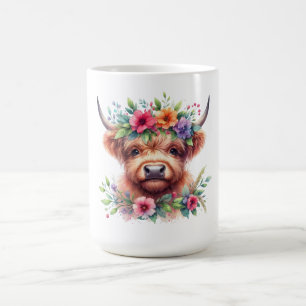 Highland Cow Head with Floral Crown – Rustic Farmh Coffee Mug