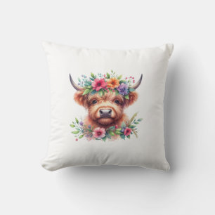 Highland Cow Head with Floral Crown – Rustic Farmh Cushion