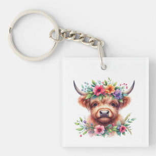 Highland Cow Head with Floral Crown – Rustic Farmh Key Ring