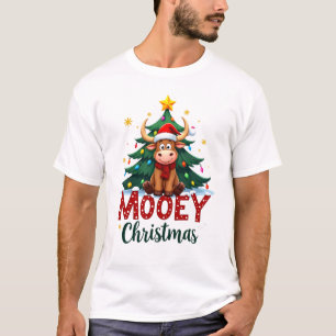 Highland Cow Heifer Santa Hat Mooey Christmas Tree T-Shirt