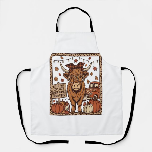 Highland Cow Hello Fall Vintage Engraving Design Apron (Front)