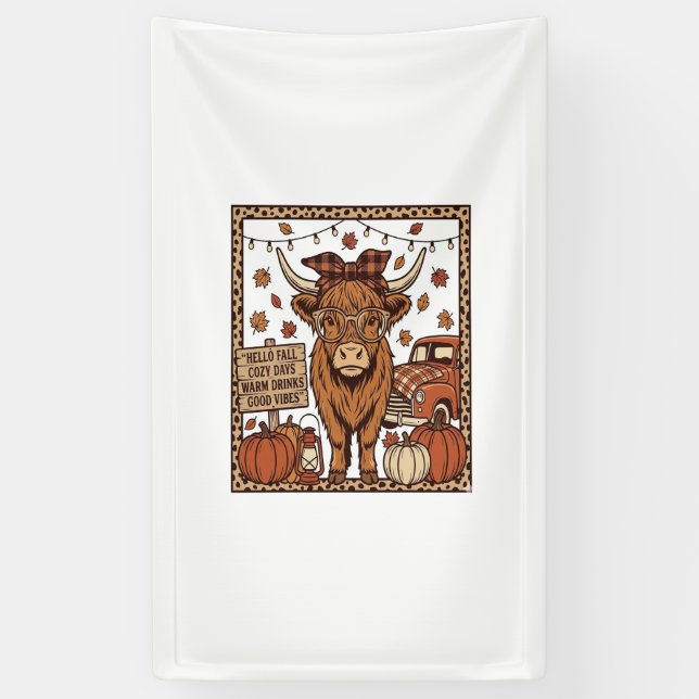 Highland Cow Hello Fall Vintage Engraving Design Banner (Vertical)