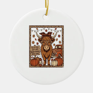 Highland Cow Hello Fall Vintage Engraving Design Ceramic Tree Decoration