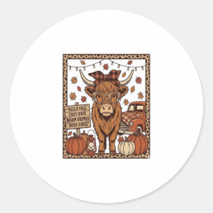 Highland Cow Hello Fall Vintage Engraving Design Classic Round Sticker