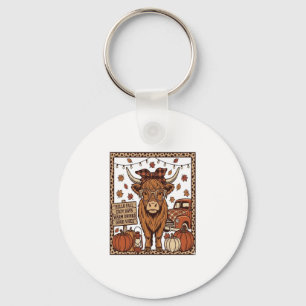 Highland Cow Hello Fall Vintage Engraving Design Key Ring