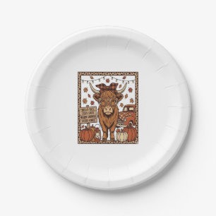 Highland Cow Hello Fall Vintage Engraving Design Paper Plate