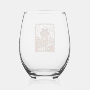 Highland Cow Hello Fall Vintage Engraving Design Stemless Wine Glass