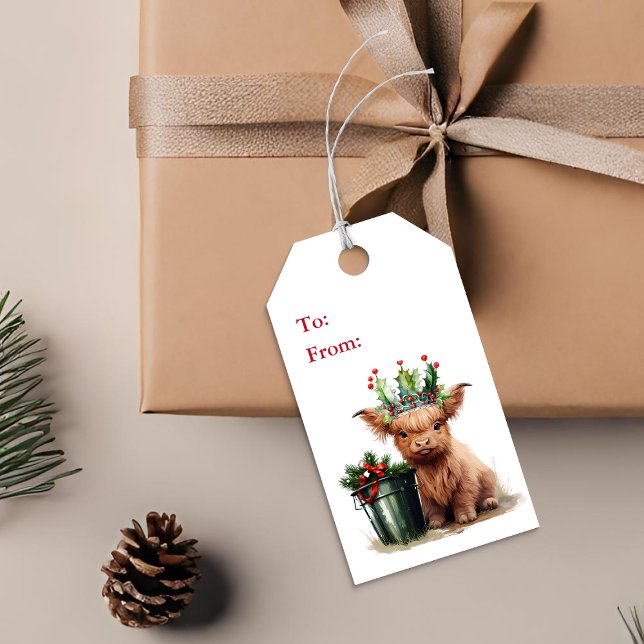 Highland Cow Holly Crown Christmas Gift Tag (Creator Uploaded)