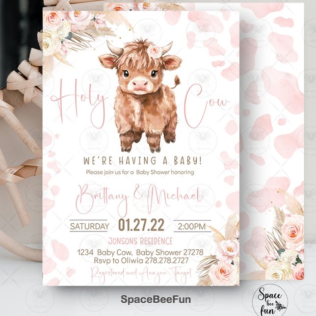 Highland Cow Holy Cow baby shower girl Invitation (highland cow baby shower, holy cow baby shower, baby shower invitation, girl baby shower, farm anima)