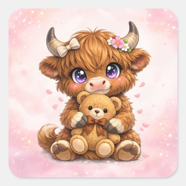  Highland Cow Hugging Teddy Bear Square Sticker (Front)