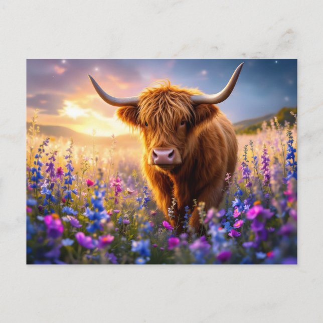 Highland Cow in a field of colorful flowers Postcard (Front)