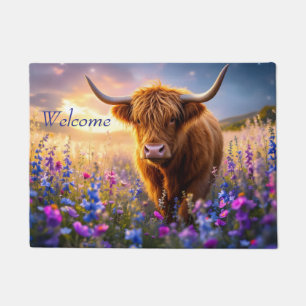 Highland Cow in a field of colourful flowers Doormat