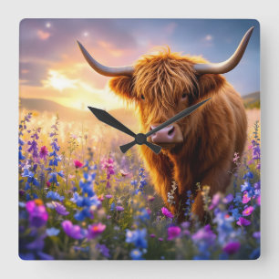 Highland Cow in a field of colourful flowers Square Wall Clock
