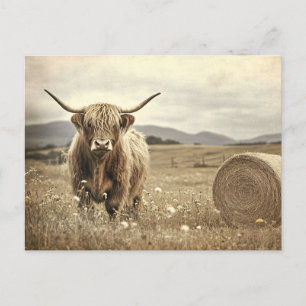 Highland Cow in a Hay Field Vintage Postcard