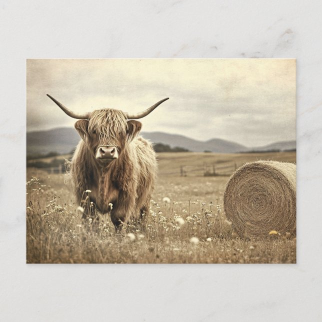 Highland Cow in a Hay Field Vintage Postcard (Front)
