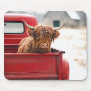 Highland Cow In a Red Retro Pickup Truck Mouse Pad