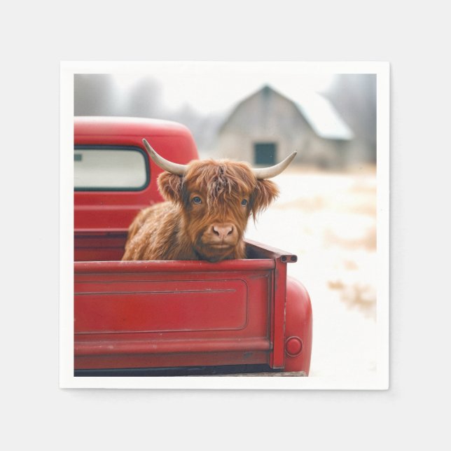 Highland Cow In a Red Retro Pickup Truck Napkin (Front)