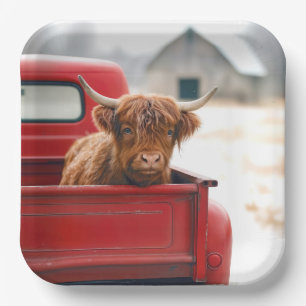 Highland Cow In a Red Retro Pickup Truck Paper Plate
