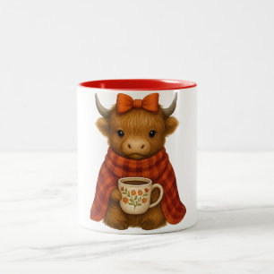Highland Cow in Blanket Drinking Coffee – Cosy Fal Two-Tone Coffee Mug