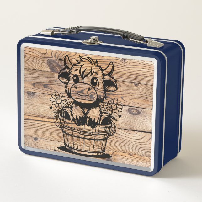 Highland Cow in Bucket Blue/Faux Woodgrain Metal Lunch Box (Front)