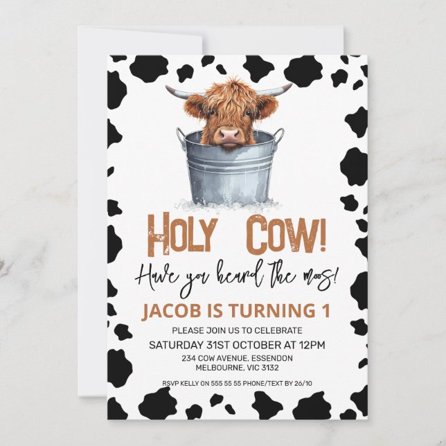 Highland Cow In Bucket Cow Print 1st Birthday Invitation (Front)