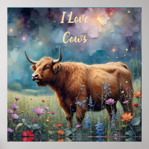Highland Cow in Colourful Floral Tapestry Poster