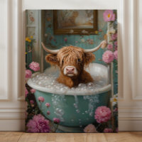 Highland Cow in Floral Bathtub Art
