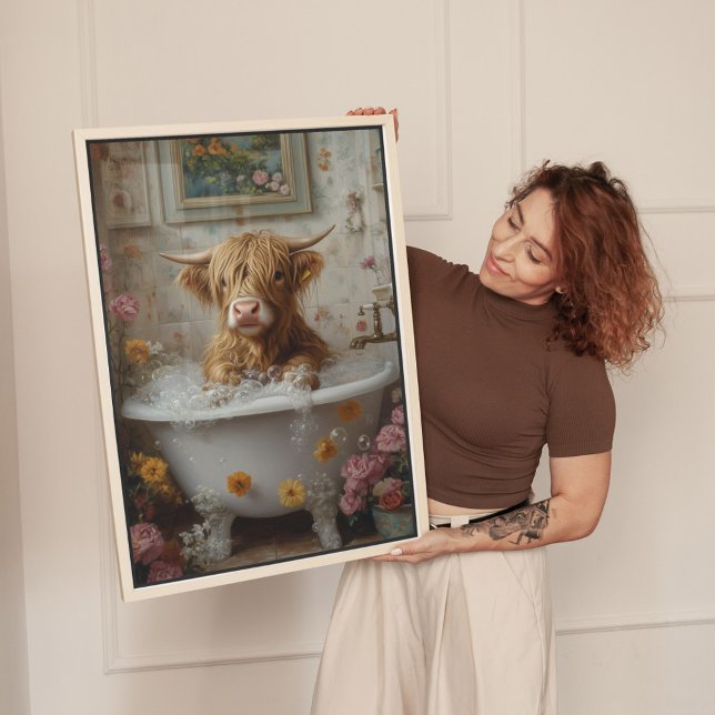 Highland Cow in Floral Bathtub Art Canvas Print (Creator Uploaded)