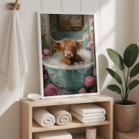 Highland Cow in Floral Bathtub Art Print