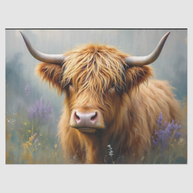 Highland Cow in Floral Meadow Close up Tissue Paper (Front)