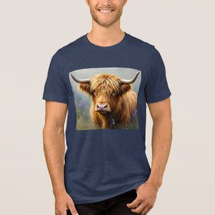 Highland Cow in Floral Meadow Close up Tri-Blend Shirt