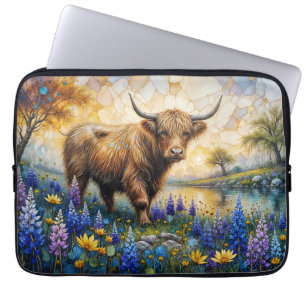 Highland Cow in Floral Valley Landscape Laptop Sleeve