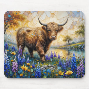 Highland Cow in Floral Valley Landscape Mouse Pad