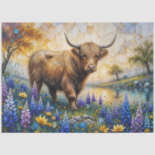 Highland Cow in Floral Valley Landscape Tissue Paper