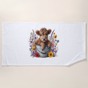 Highland Cow in Flower Bucket , Cute Beach Towel
