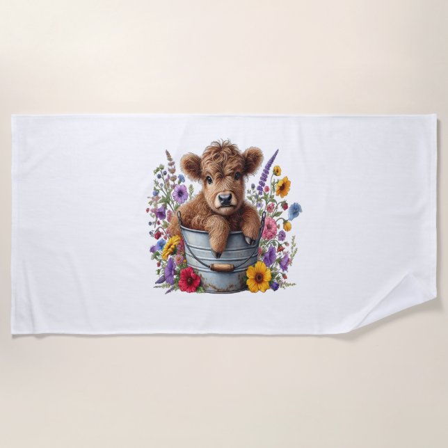 Highland Cow in Flower Bucket , Cute Beach Towel (Front)