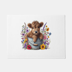 Highland Cow in Flower Bucket , Cute Doormat