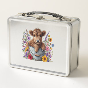 Highland Cow in Flower Bucket Png, Cute Metal Lunch Box