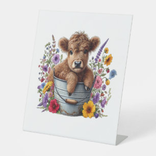 Highland Cow in Flower Bucket Png, Cute Pedestal Sign