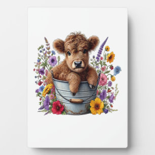 Highland Cow in Flower Bucket Png, Cute Plaque