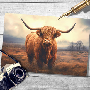 Highland Cow in Foggy Landscape Decoupage Paper