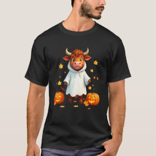 Highland Cow in Ghost Costume Happy Halloween Cost T-Shirt