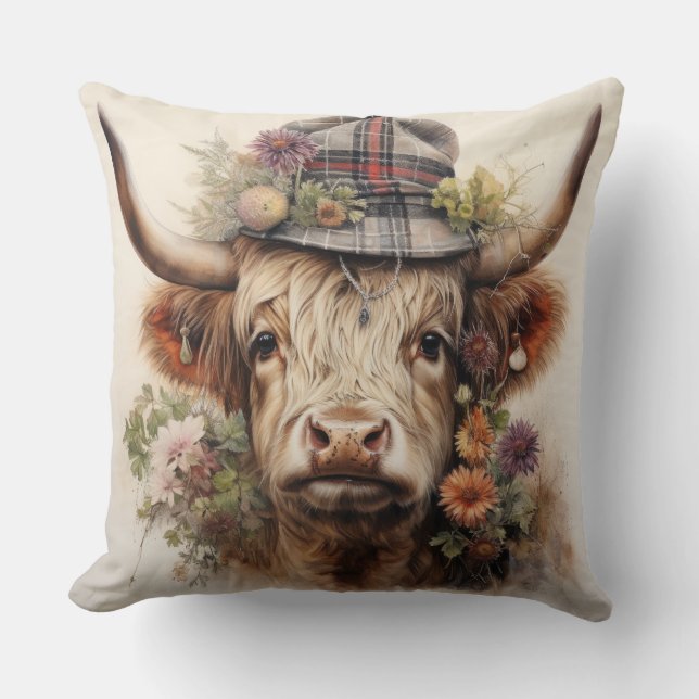 Highland cow in headwear 1 of 4 cushion (Front)