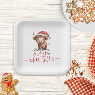 Highland Cow in Santa Hat Merry Christmas Paper Plate