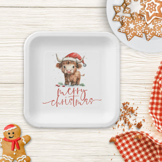 Highland Cow in Santa Hat Merry Christmas Paper Plate