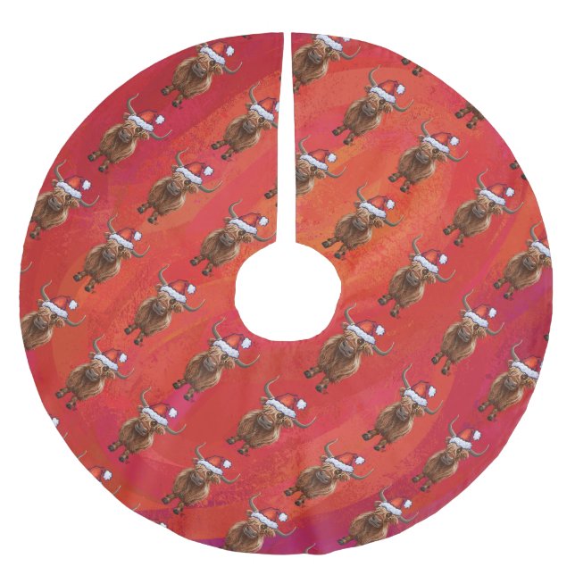Highland cow in Santa Hat Pattern on Red Brushed Polyester Tree Skirt (Front)