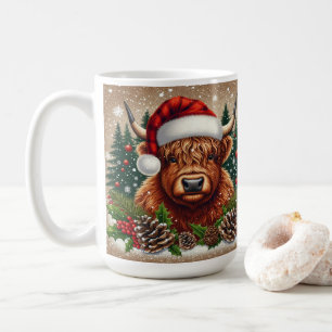 Highland Cow in Santa Hat With Holiday Decorations Coffee Mug